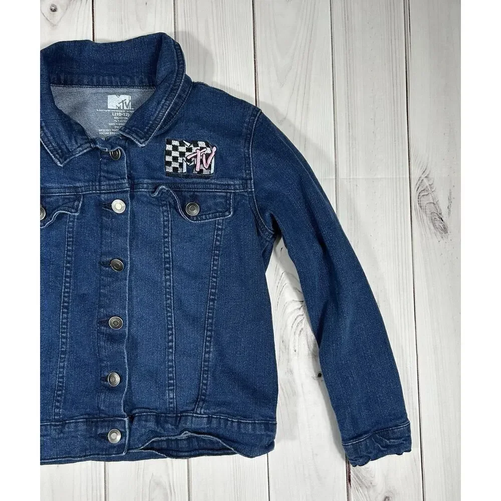 MTV Music Television Denim Jacket Girl's Large (10-12) Sewn Patch Button Down